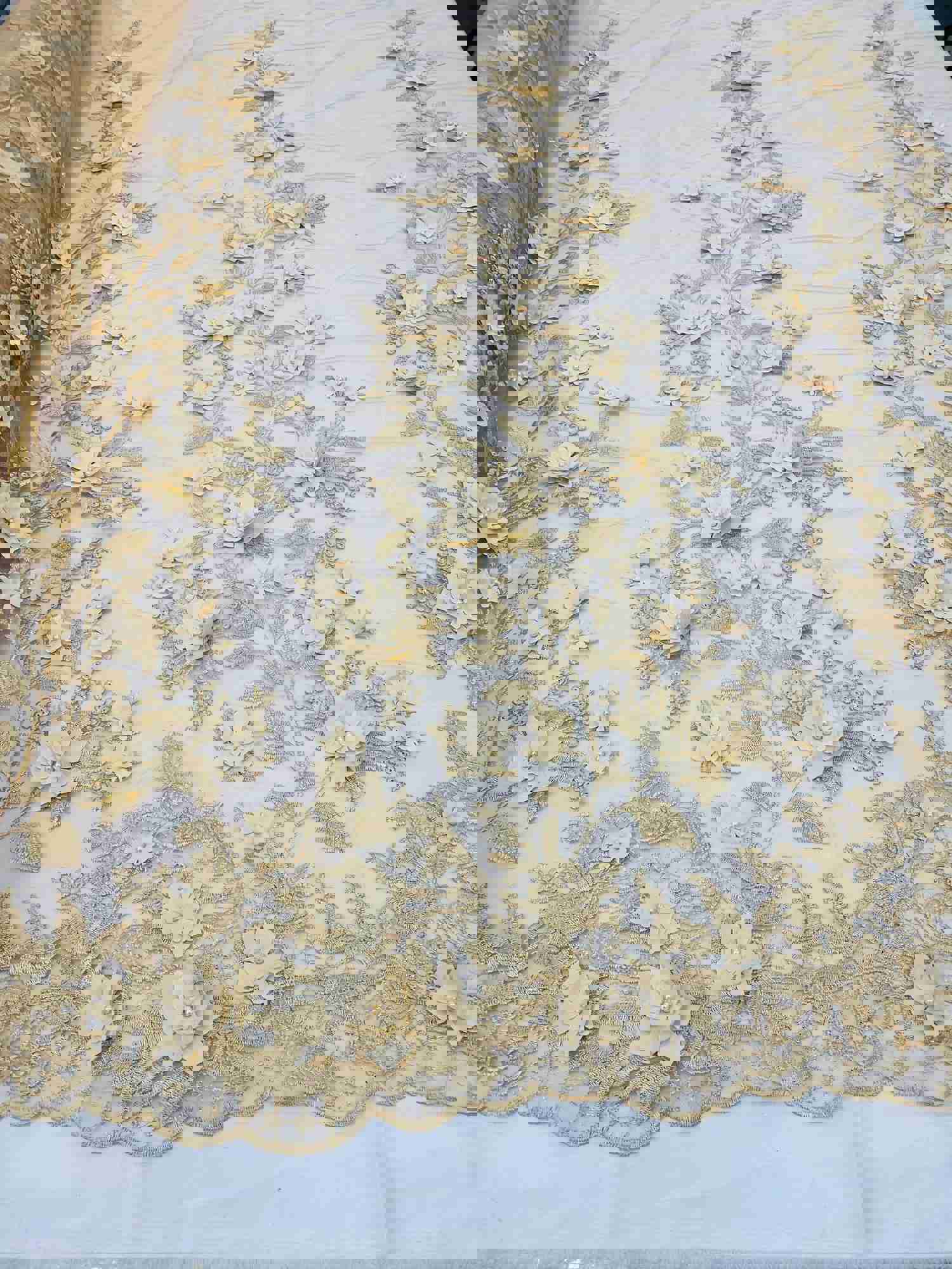 Champagne 3D Floral Embroidered Mesh Lace with Pearls for Prom Dresses and Nightgowns