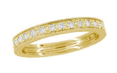 Art Deco Yellow Gold Diamond Wheat Engraved Wedding Band - 14K or 18K