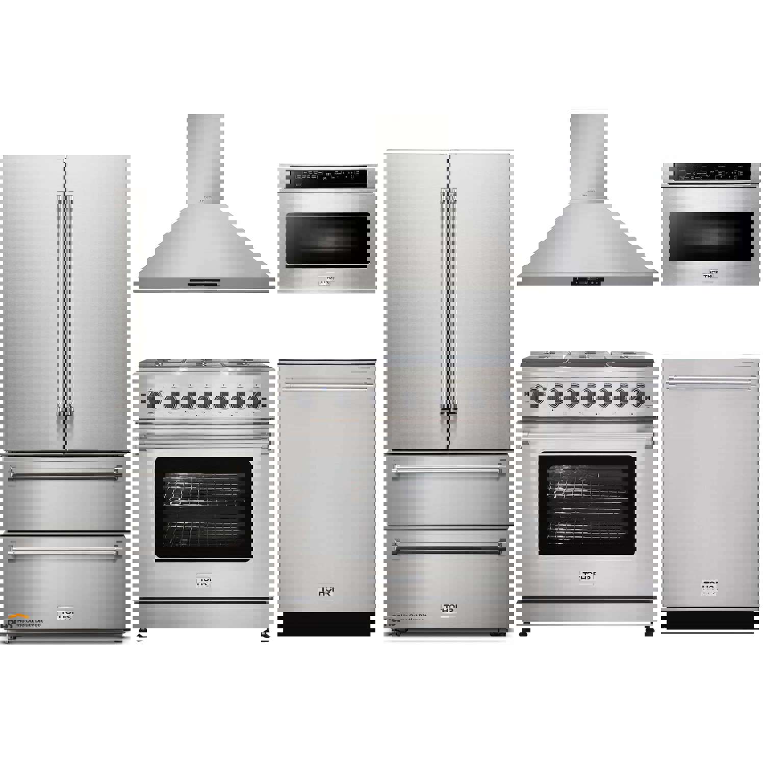 Thor Kitchen 5-Piece Appliance Package - 36-Inch Gas Range, French Door Refrigerator, Wall Mount Hood, Dishwasher, and Microwave Drawer in Stainless Steel
