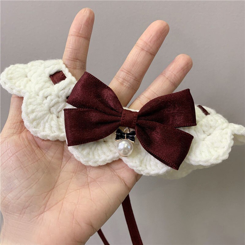 White Knit Cotton Pet Dog Cute Collars with Bowknot and Imitation Pearl Bibs