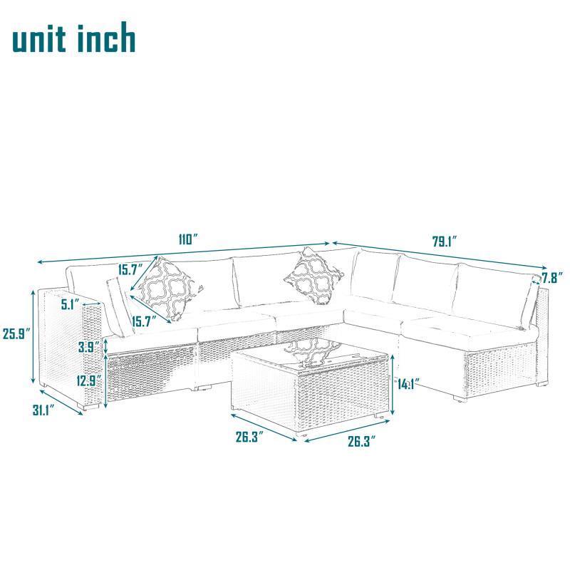 7-Piece PE Rattan Wicker Outdoor Patio Sofa Set with Cushions and Coffee Table