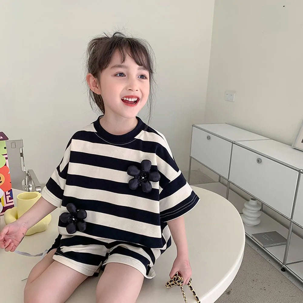 Kids Girls Short Sleeve Striped 2Pcs Casual Clothing Set