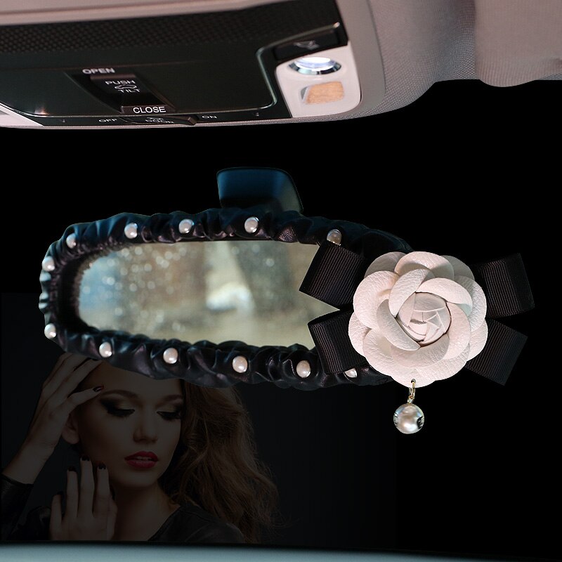Creative Leather Pearl Camellia Flower Car Seat Belt Cover Set