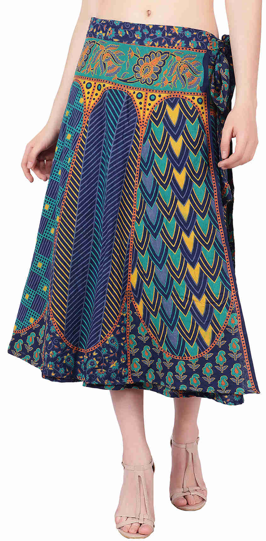 Long India Wrap Around Skirt for Women - Hand Block Printed Cotton Skirt (Blue, One Size)