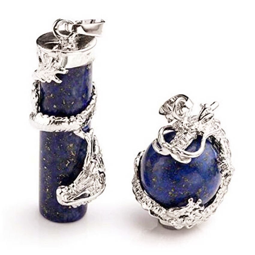 Natural Gnergy Gemstone Silver Plated Chinese Style Dragon Wrap Lapis Lazuli Pillar Pendant Tiger Eye Stone Round Bead Jewelry