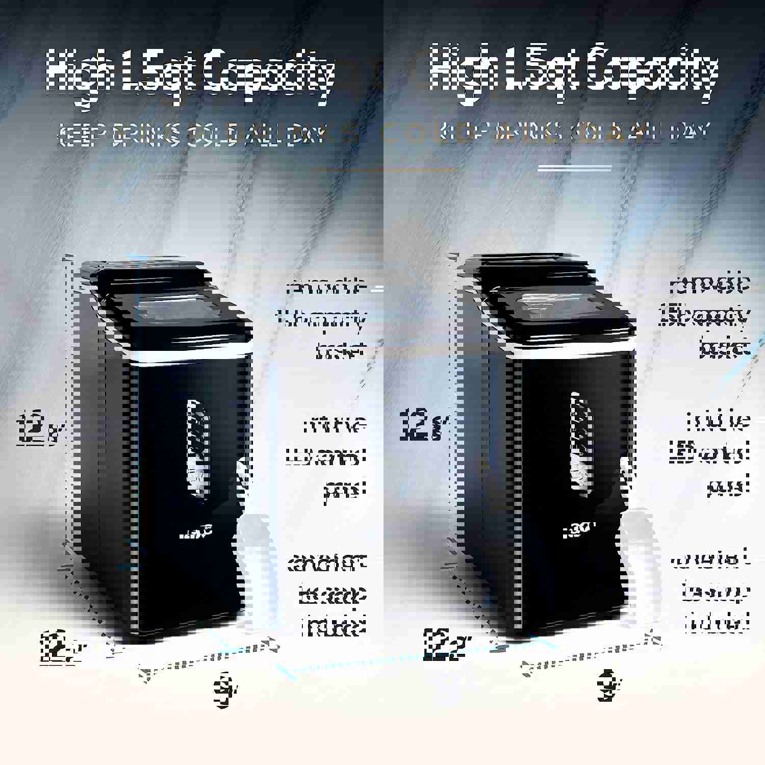 Automatic Ice Maker, Self-Cleaning, Countertop Size, 26 Pounds in 24 Hours, 9 Large or Small Ice Cubes in 7 Minutes, LED Control Panel, Scoop Included, Black