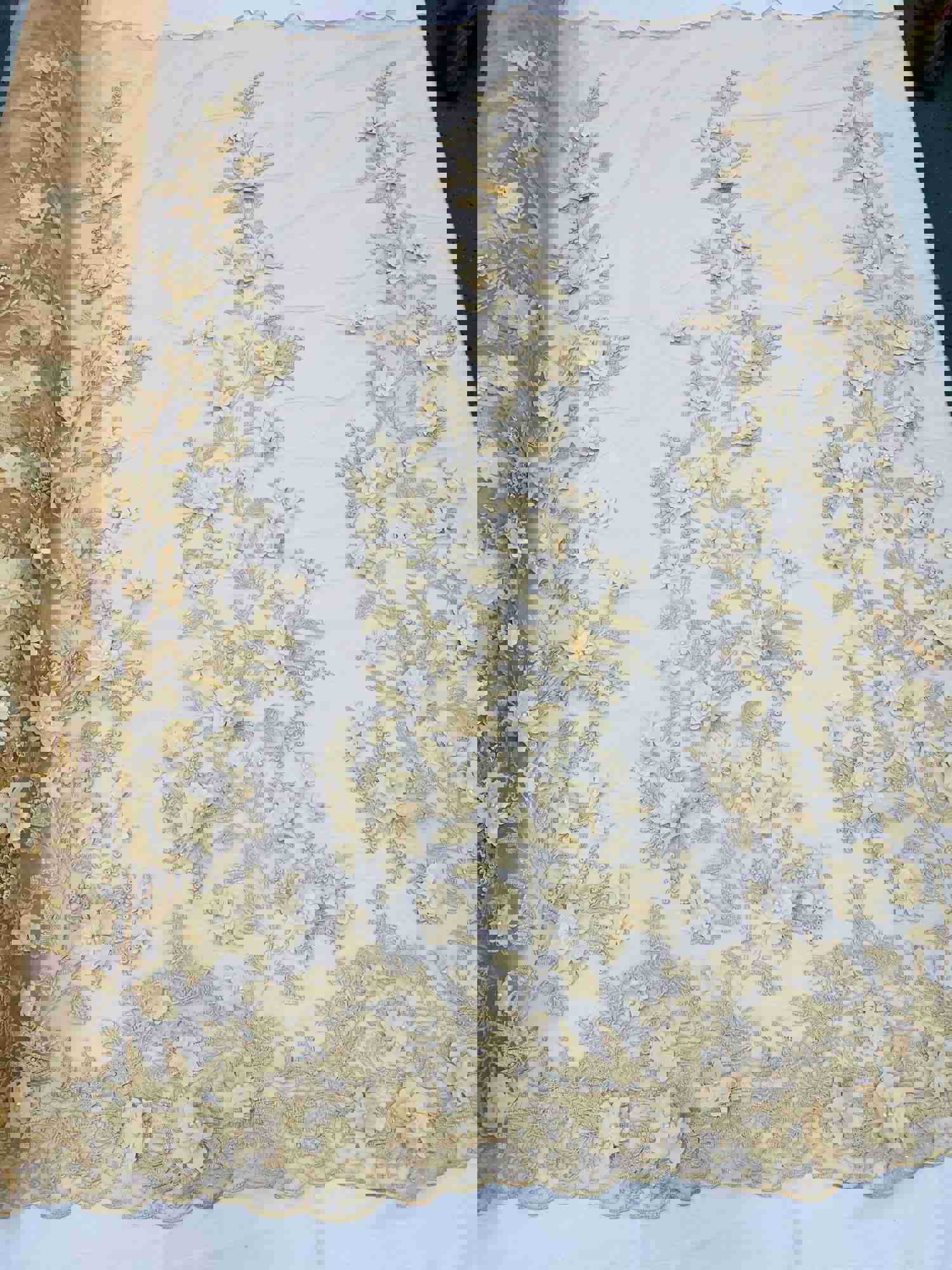 Champagne 3D Floral Embroidered Mesh Lace with Pearls for Prom Dresses and Nightgowns