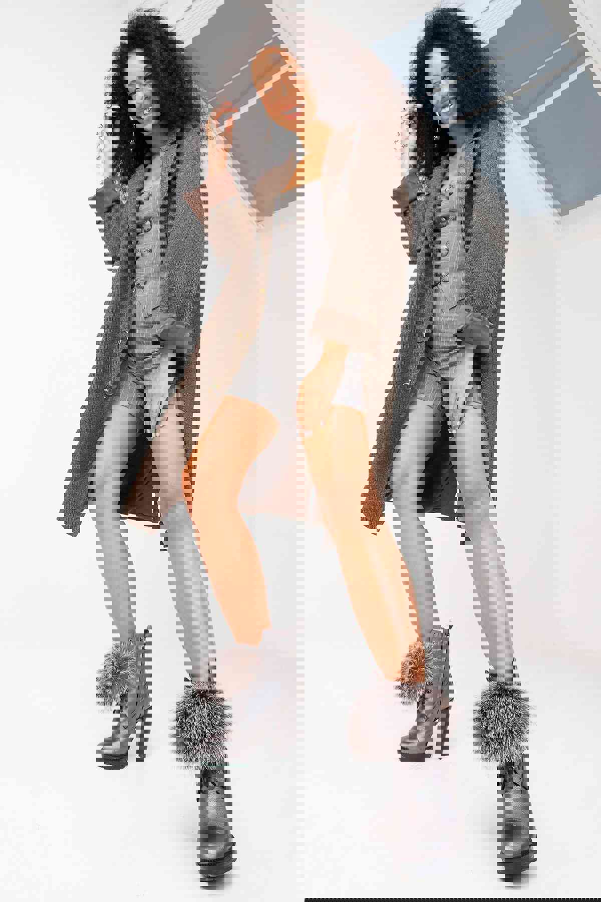 Melo Grey Leather Natural Fur Mid Calf Platform Heel Women Boot