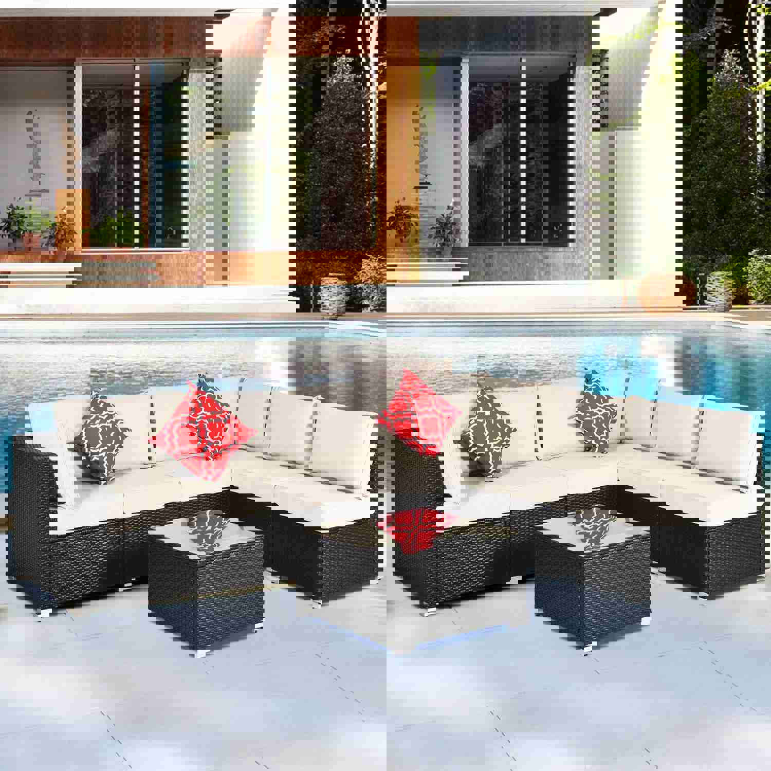 7-Piece PE Rattan Wicker Outdoor Patio Sofa Set with Cushions and Coffee Table