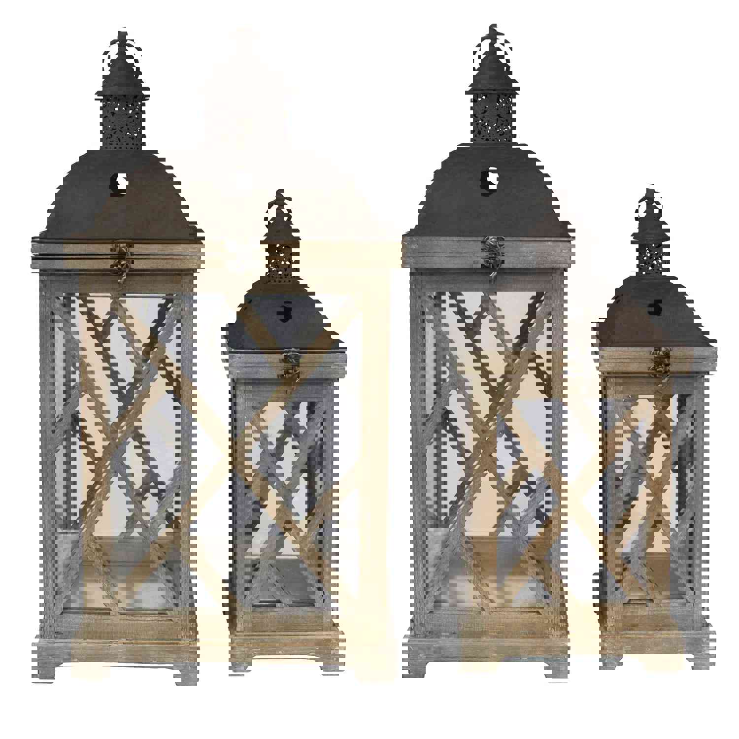Stonebriar Decorative Wooden Hurricane Candle Lantern Set - Indoor or Outdoor Use - Set of 2