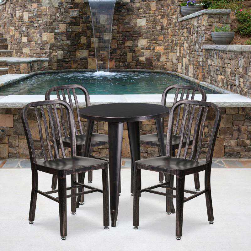 CH-51080TH-4-18VRT Flash Furniture Thomas Commercial Grade 24 Round Black-Antique Gold Metal Indoor-Outdoor Table Set with 4 Chairs