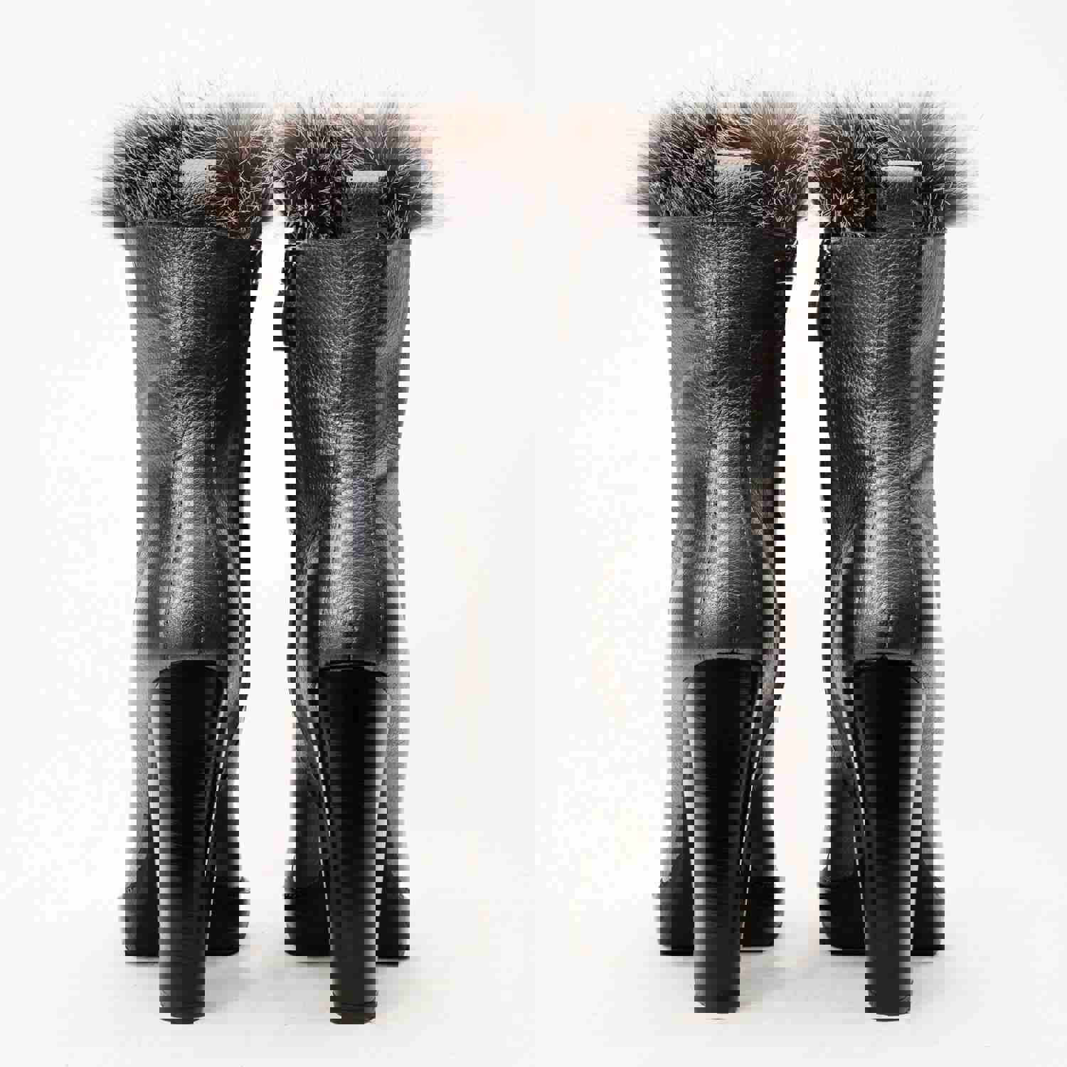 Melo Grey Leather Natural Fur Mid Calf Platform Heel Women Boot