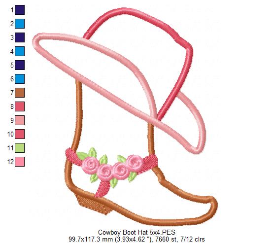 Cowgirl Boot and Hat Applique Machine Embroidery Design