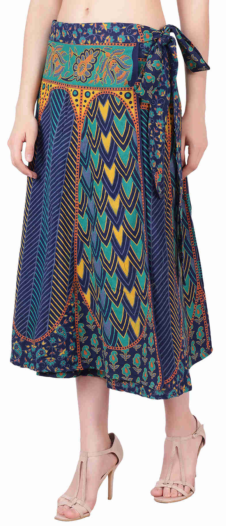 Long India Wrap Around Skirt for Women - Hand Block Printed Cotton Skirt (Blue, One Size)