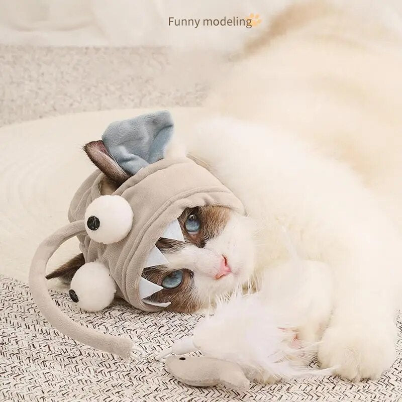 Cat Interactive Fishing Head Mounted Hat Toy with Feathers Bait for Kittens