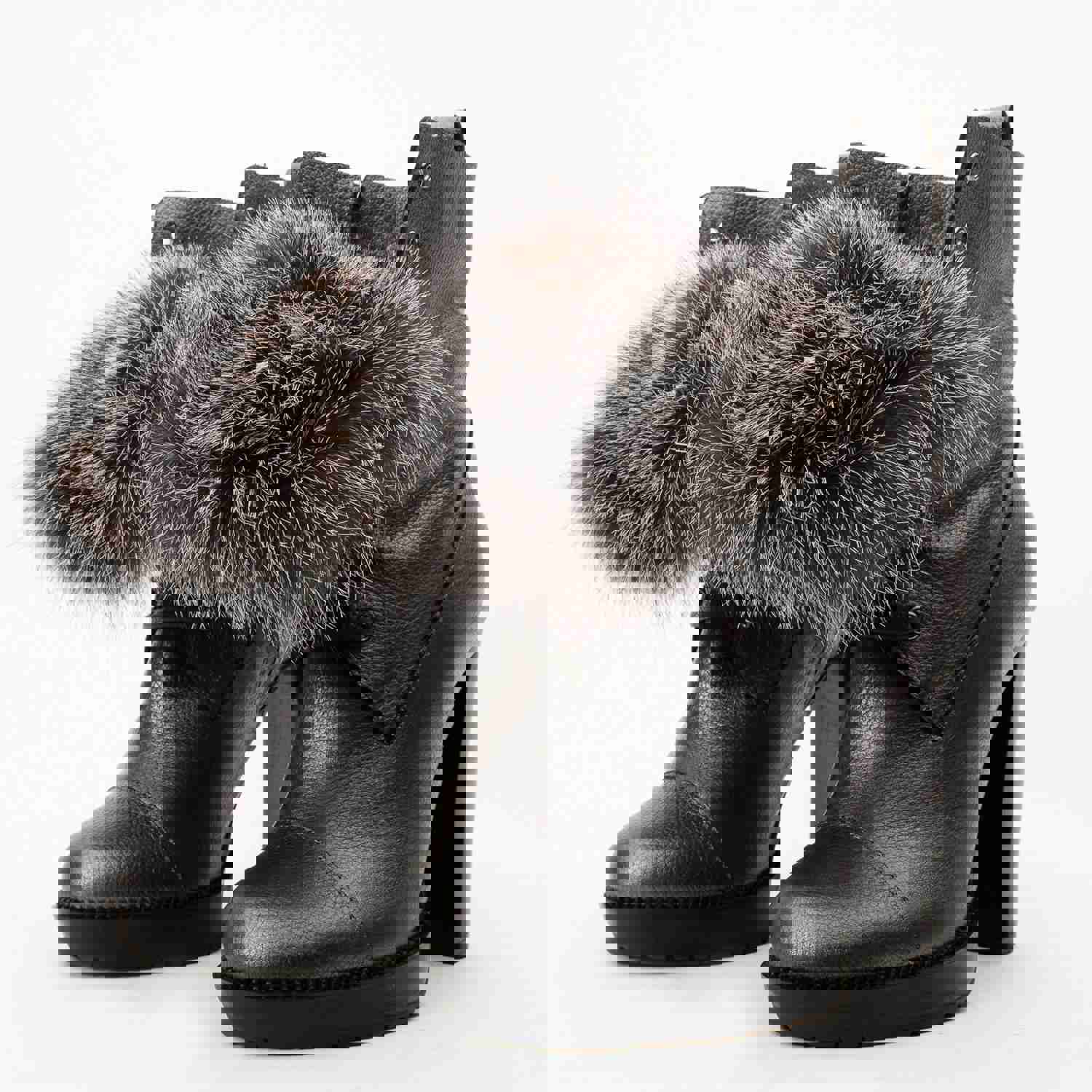 Melo Grey Leather Natural Fur Mid Calf Platform Heel Women Boot