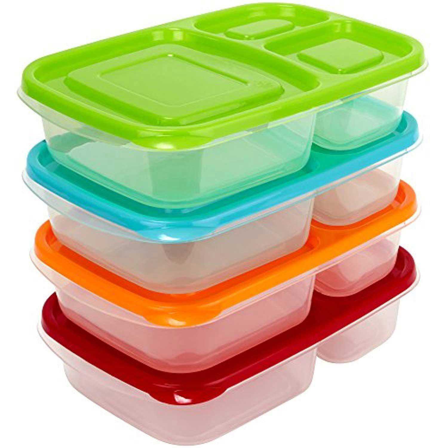 Sun & Sprouts 3 Compartment Containers - Reusable Bento Lunch Box & Divided Food Storage (4 Pack)