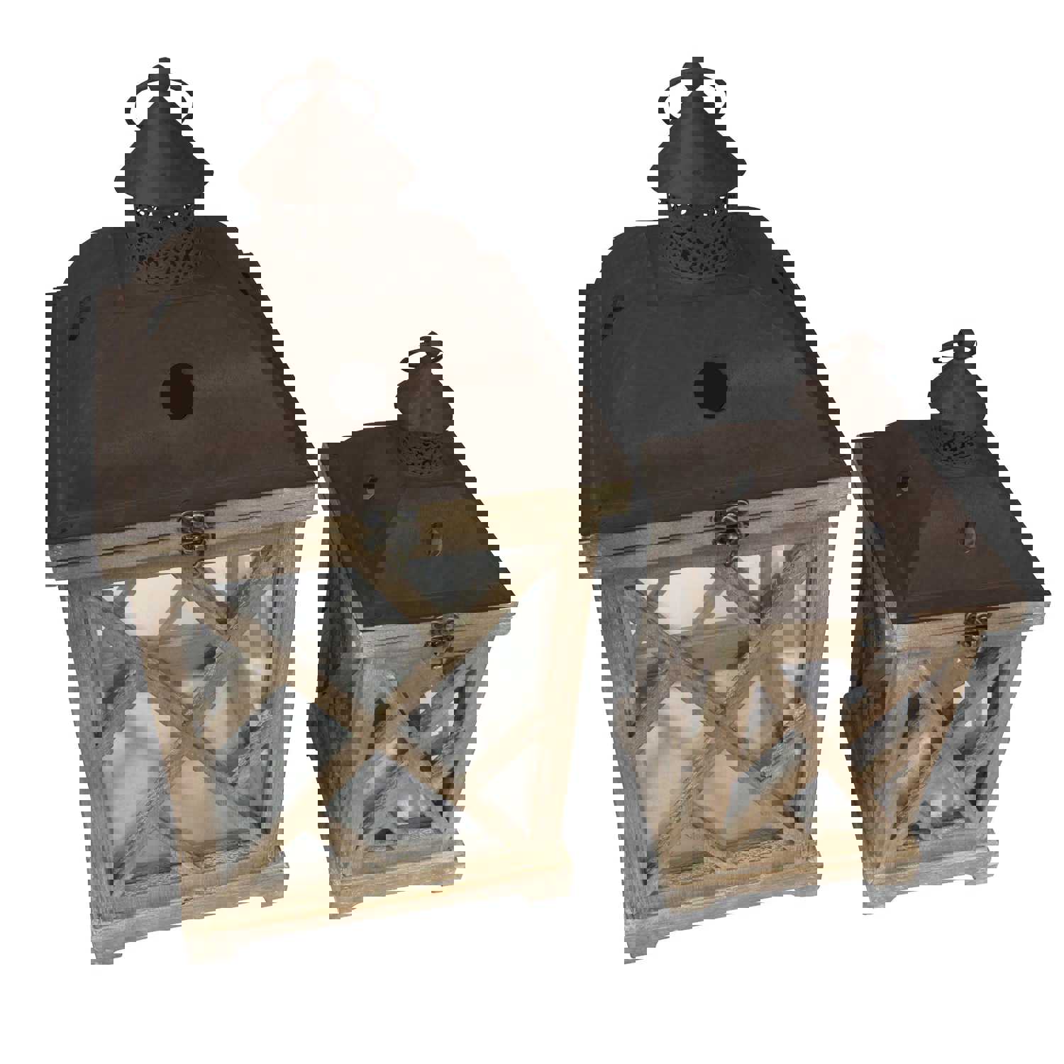 Stonebriar Decorative Wooden Hurricane Candle Lantern Set - Indoor or Outdoor Use - Set of 2