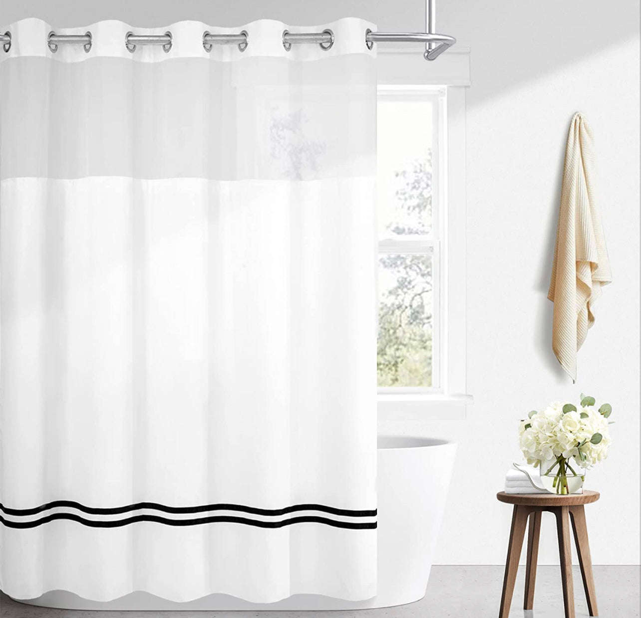 Fabric Shower Curtain with Snap-in Liner, Satin Accent Black Stripe, No Hooks Needed