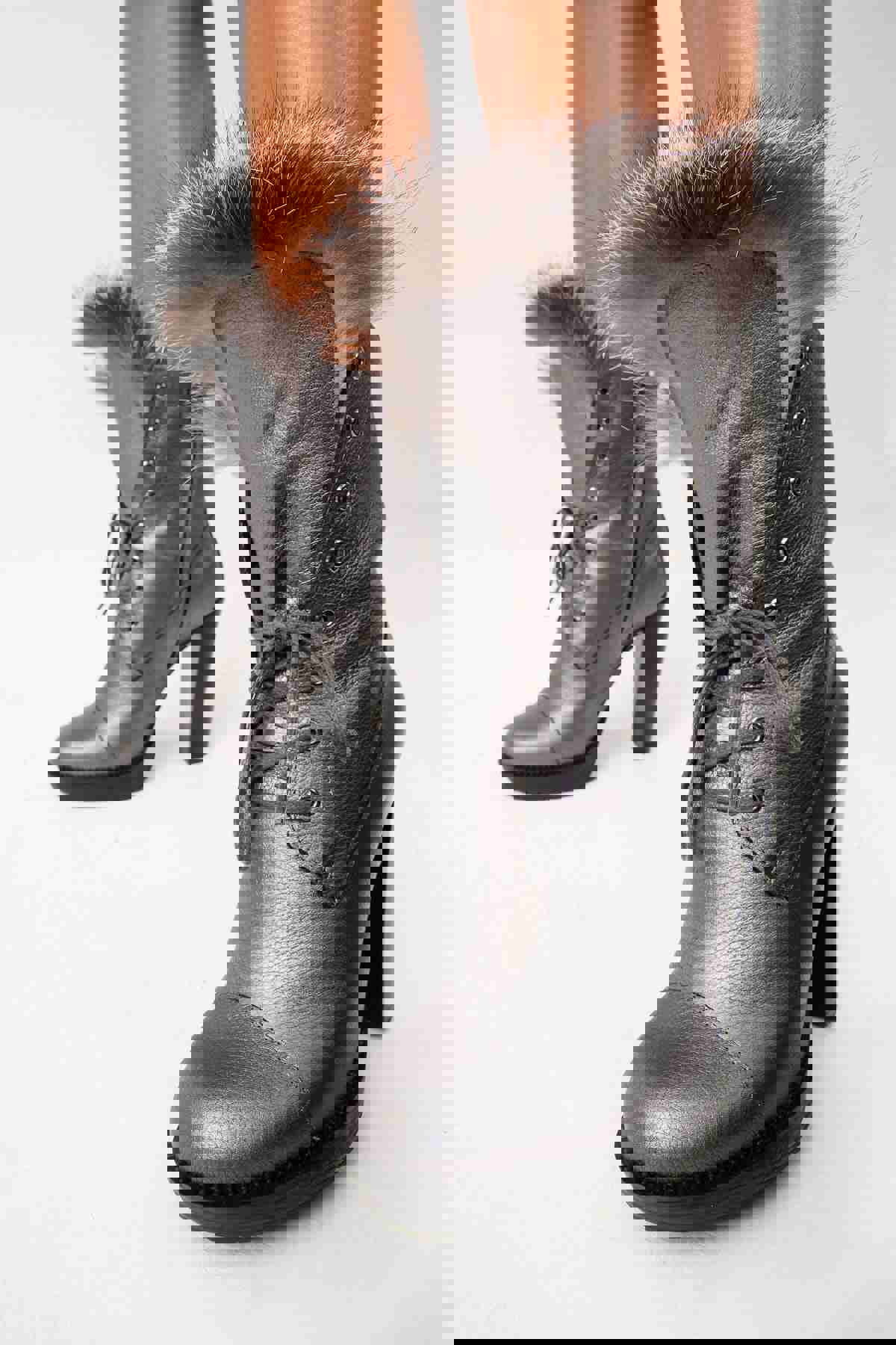 Melo Grey Leather Natural Fur Mid Calf Platform Heel Women Boot