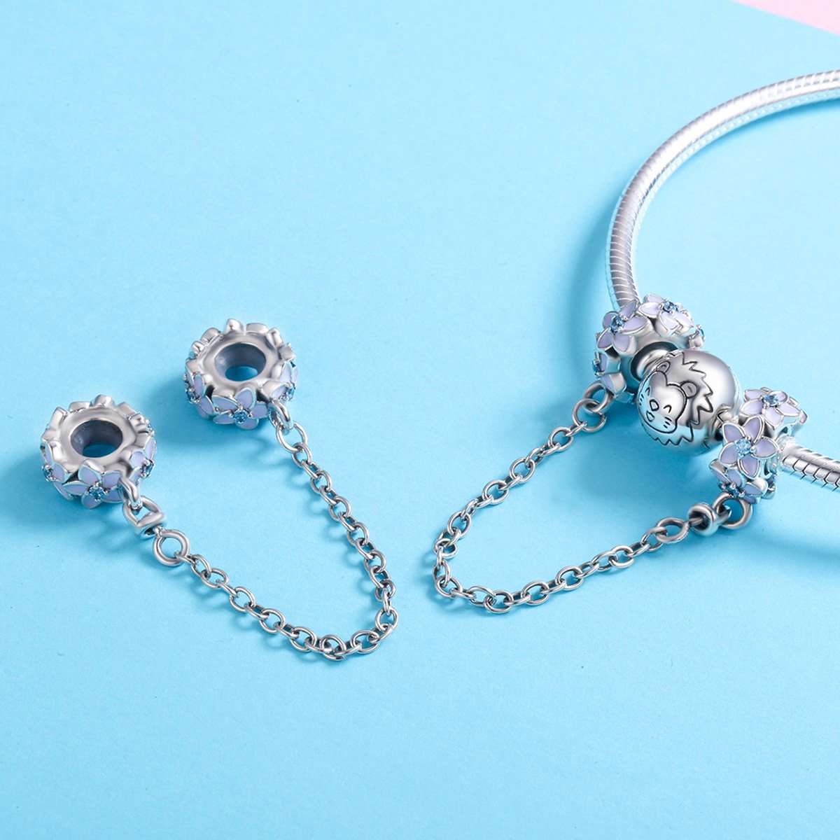 Sterling 925 Silver Violet Floral Chain Bead Pendant for Pandora & European Charm Bracelets