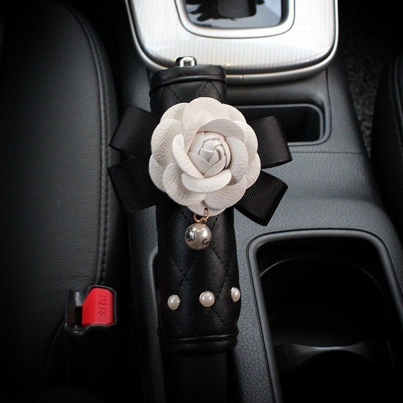 Creative Leather Pearl Camellia Flower Car Seat Belt Cover Set