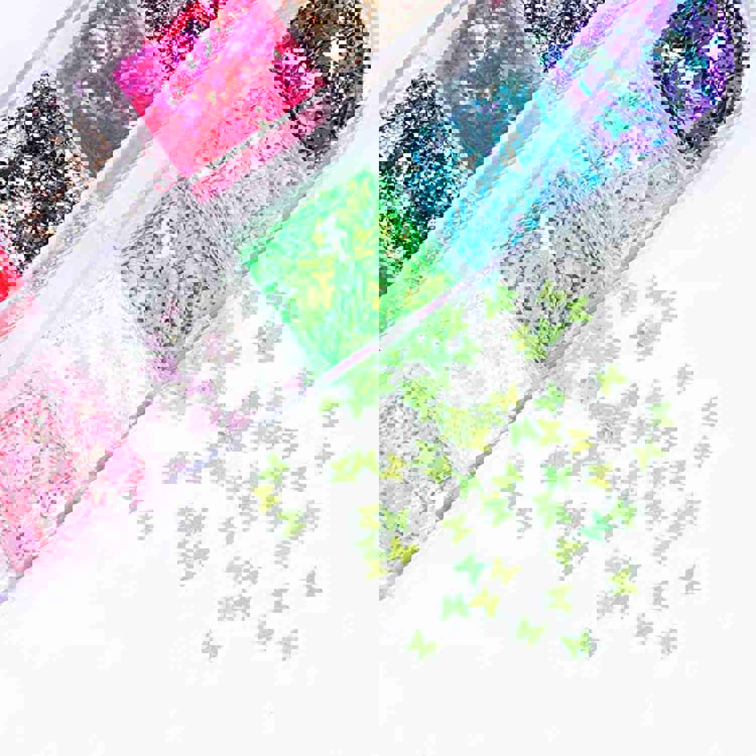 LYOUCI 12 Shaped Holographic Nail Stickers - Iridescent Mermaid Flakes & Butterfly Sequins (2 Boxes)