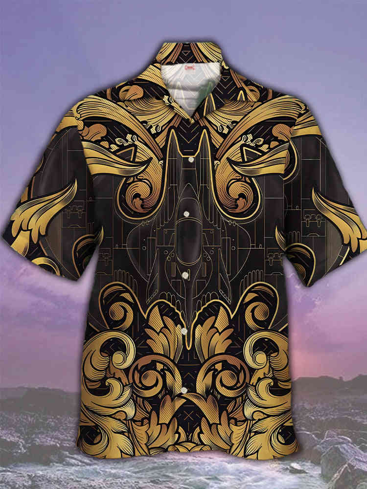 Fashionable Black Gold Sci-Fi Interstellar Travel Spaceship Cuban Collar Hawaiian Shirt