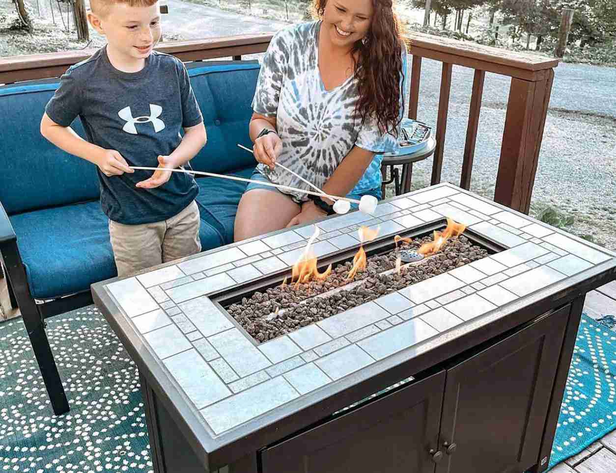 Sunjoy 40 in. Rectangle Smokeless Fire Pit Table with Ceramic Tile Tabletop and Lava Rocks