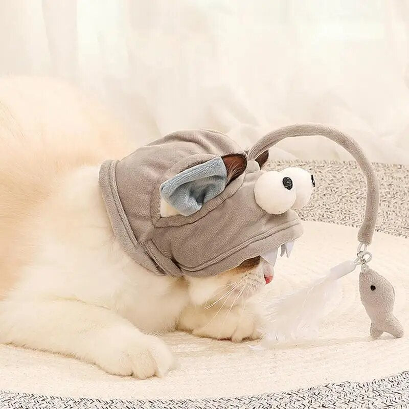 Cat Interactive Fishing Head Mounted Hat Toy with Feathers Bait for Kittens