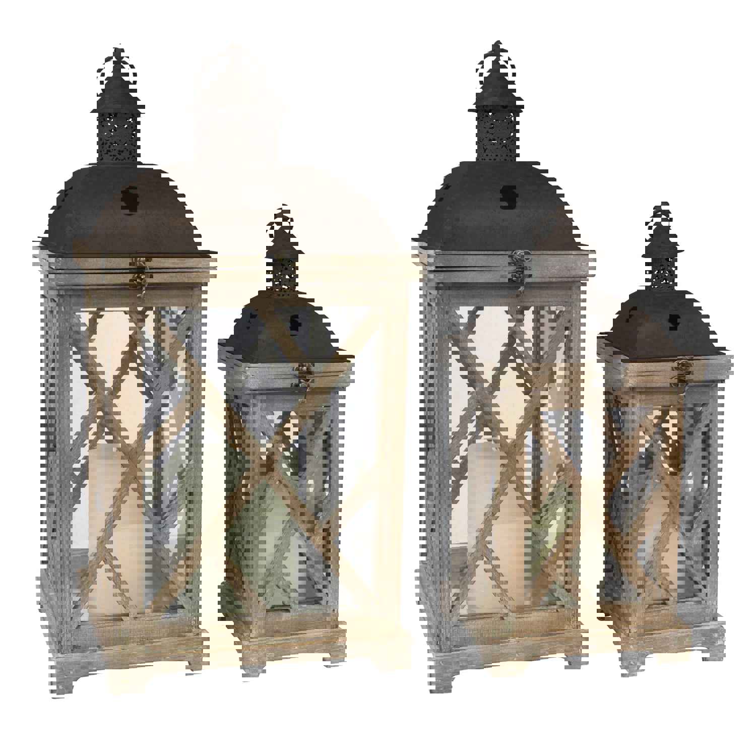 Stonebriar Decorative Wooden Hurricane Candle Lantern Set - Indoor or Outdoor Use - Set of 2
