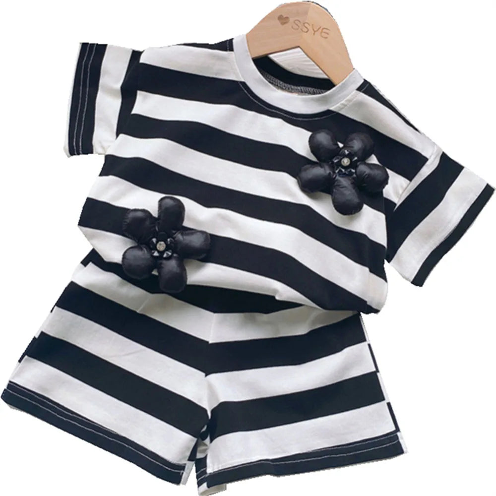 Kids Girls Short Sleeve Striped 2Pcs Casual Clothing Set