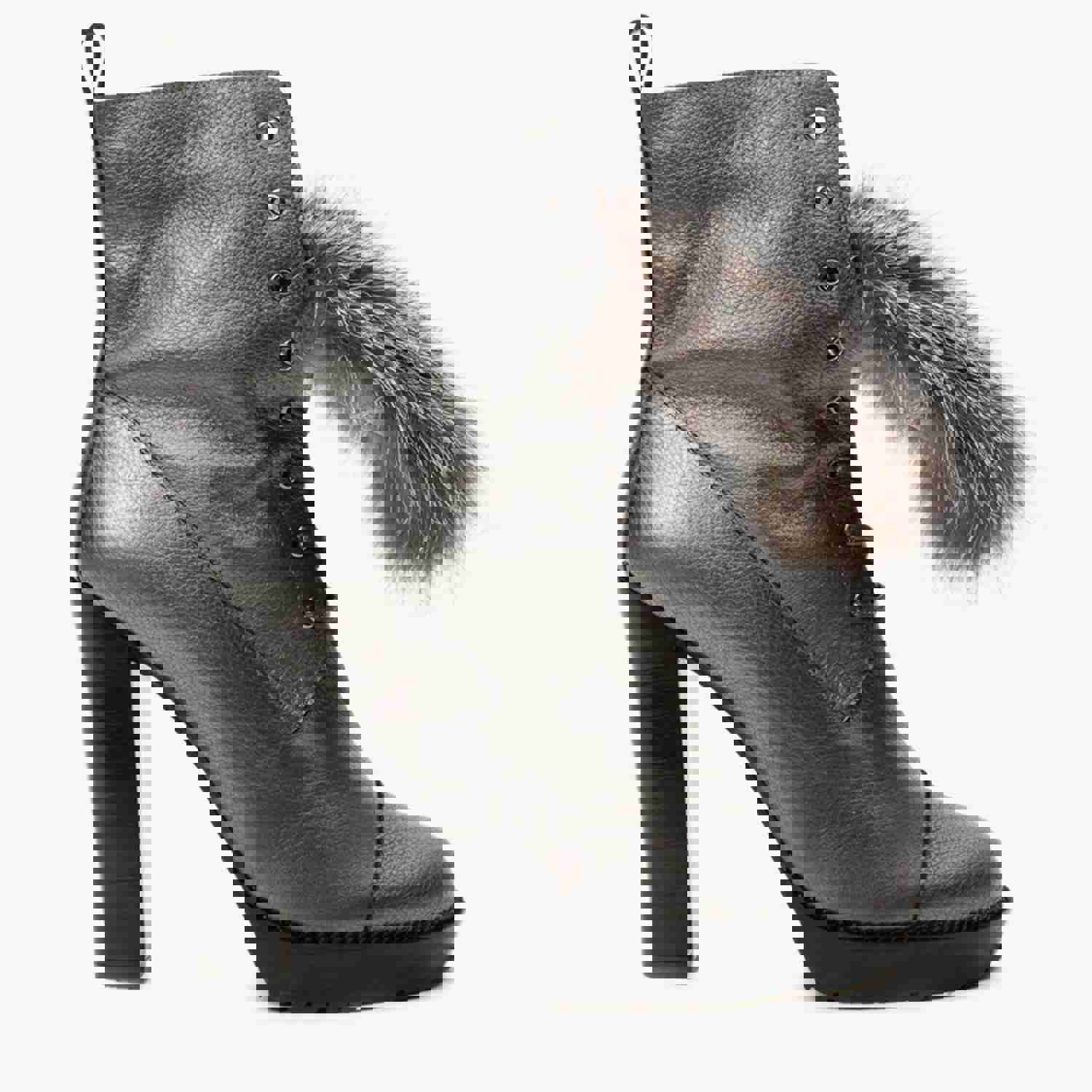 Melo Grey Leather Natural Fur Mid Calf Platform Heel Women Boot