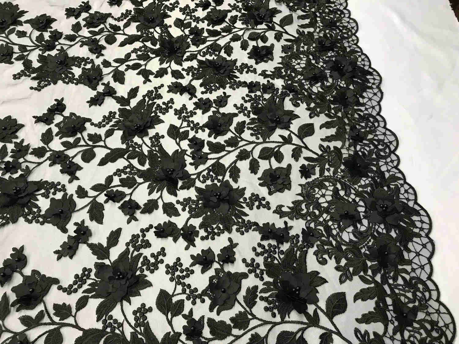 Black 3D Floral Embroidered Mesh Lace with Pearls for Prom Dresses and Fashion