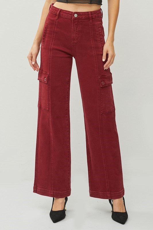 High Rise Wine Red Wide Cargo Pants