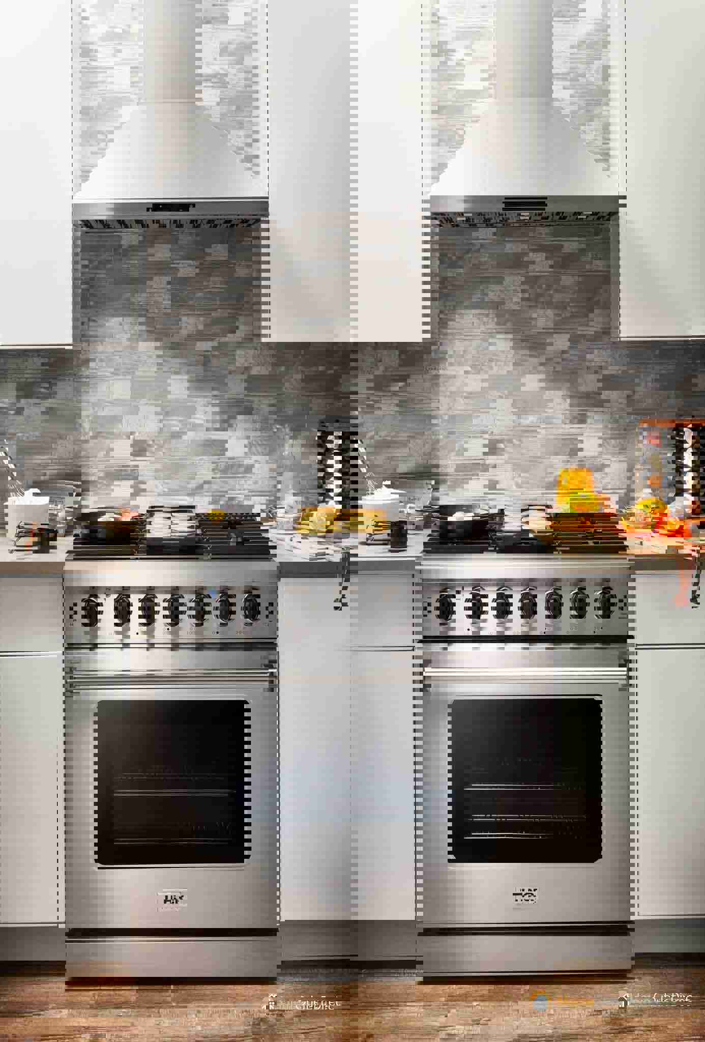 Thor Kitchen 5-Piece Appliance Package - 36-Inch Gas Range, French Door Refrigerator, Wall Mount Hood, Dishwasher, and Microwave Drawer in Stainless Steel