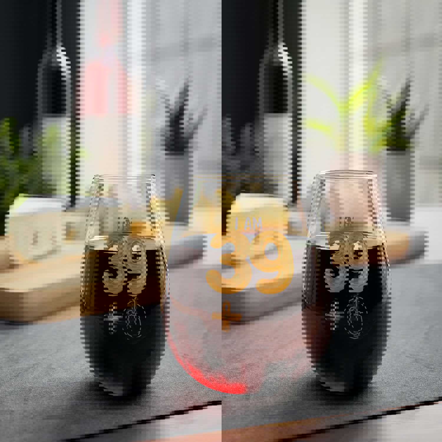 40th Birthday Stemless Wine Glass - Funny 39 + Middle Finger Design