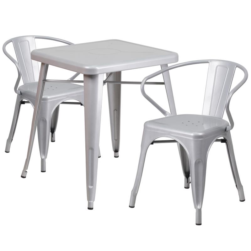 Flash Furniture Owen Commercial Grade 23.75 Square Silver Metal Indoor-Outdoor Table Set with 2 Arm Chairs