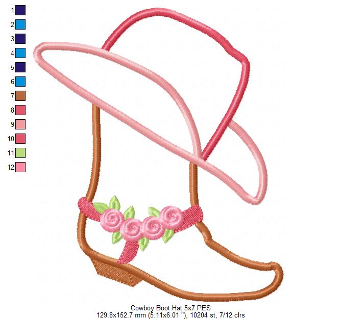 Cowgirl Boot and Hat Applique Machine Embroidery Design