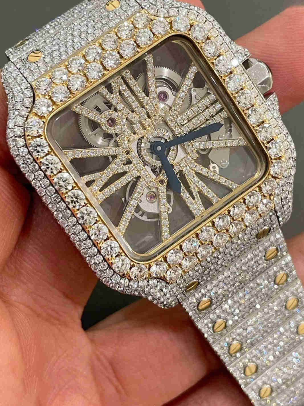 Luxury Skeleton Two Tone Iced Out Moissanite Diamond Studded Watch