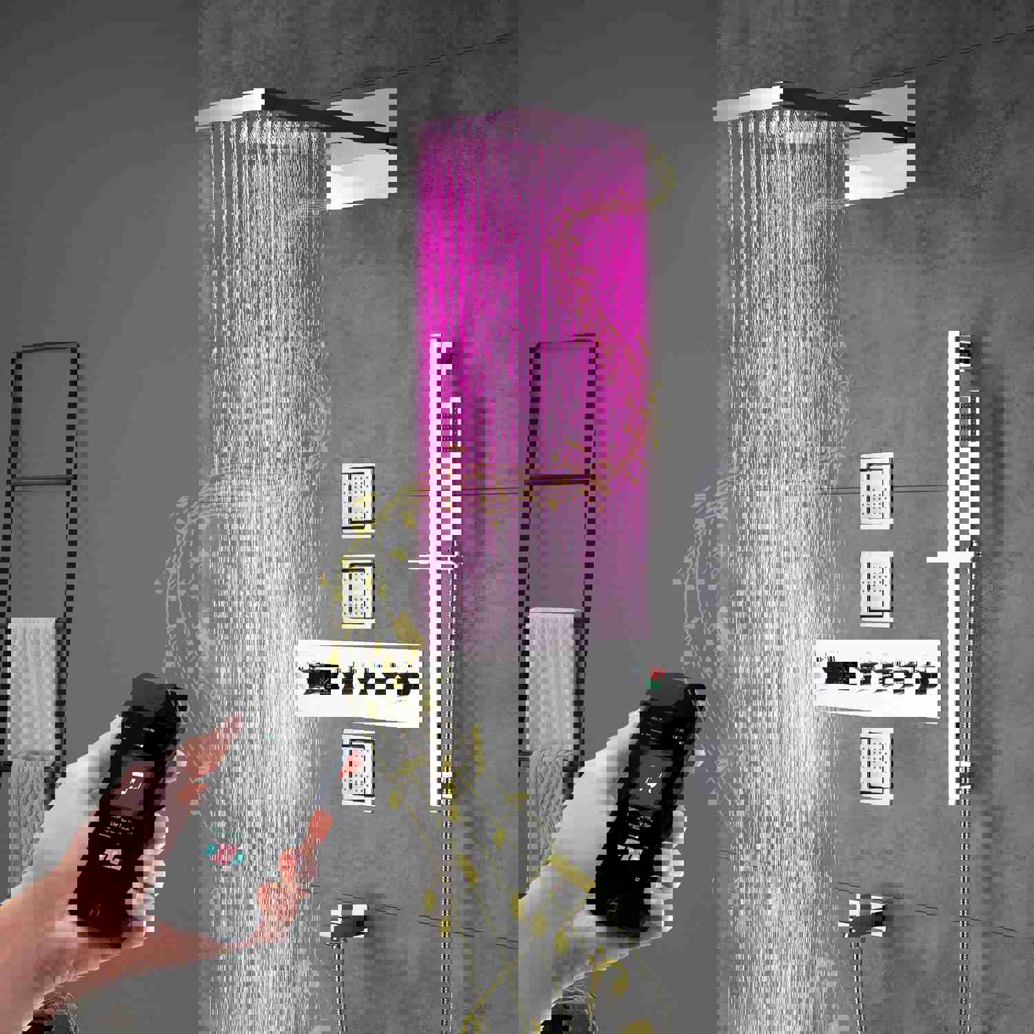 ARIAL Rainfall Waterfall Wall Mounted Thermostatic LED Music Shower System