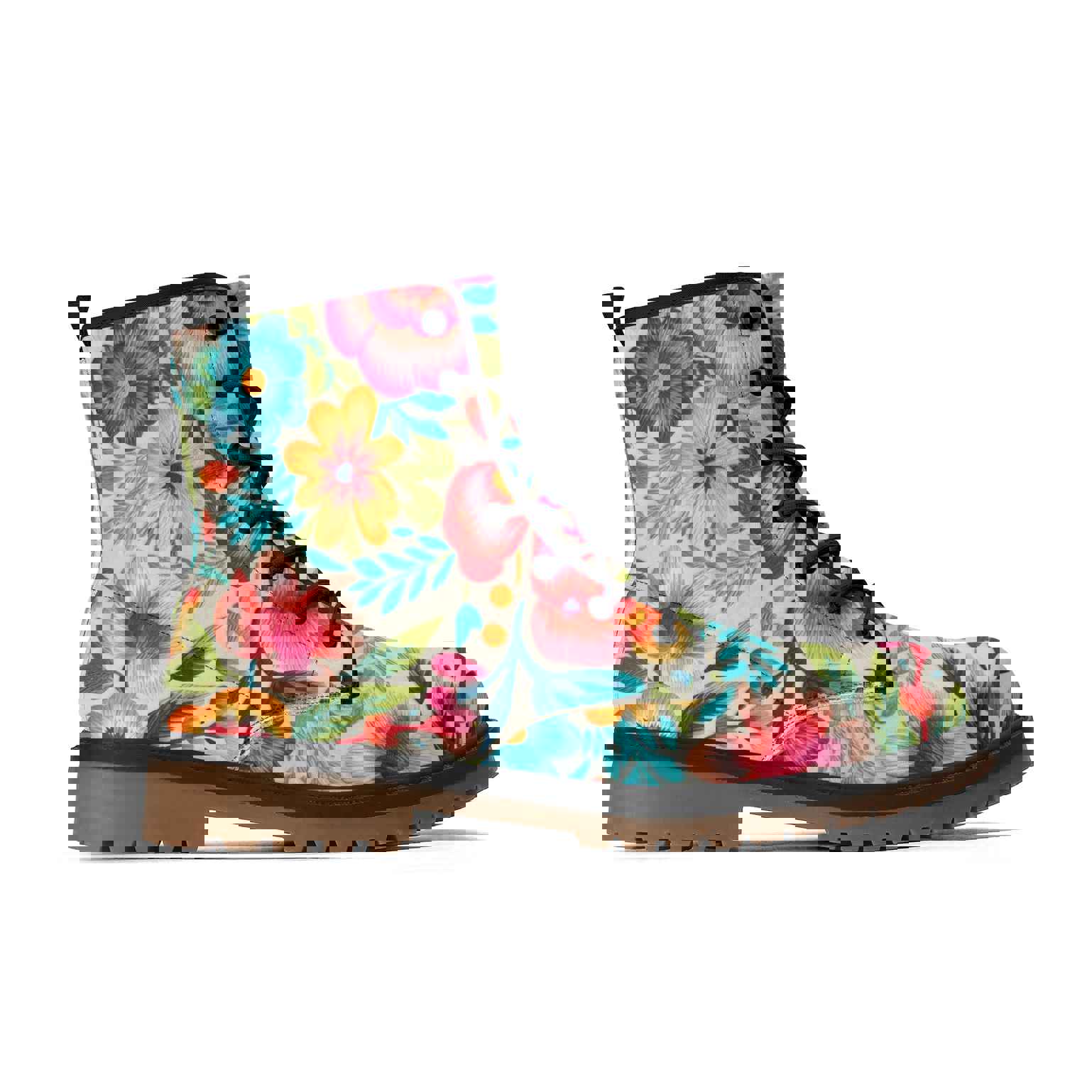 Colorful Flowers Womens Faux Embroidered Luxe Combat Boots