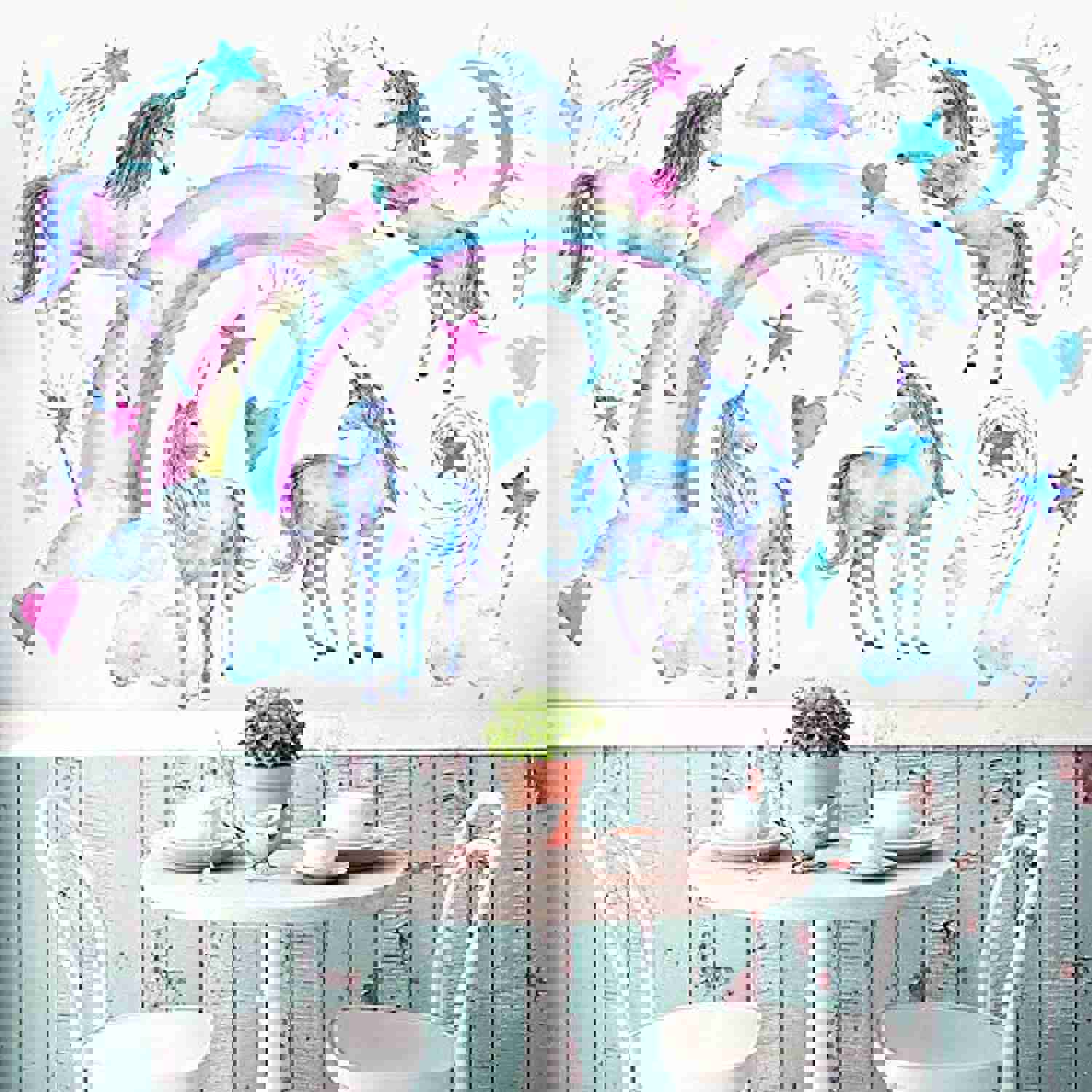 Leint Unicorn Wall Decals, Multi Color Unicorn Rainbow Vinyl Wall Stickers for Kids Room