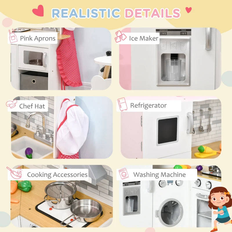 Qaba Corner Play Kitchen with Lights & Sounds, Wooden Kids Kitchen Playset with Storage, Ice Maker, and Accessories