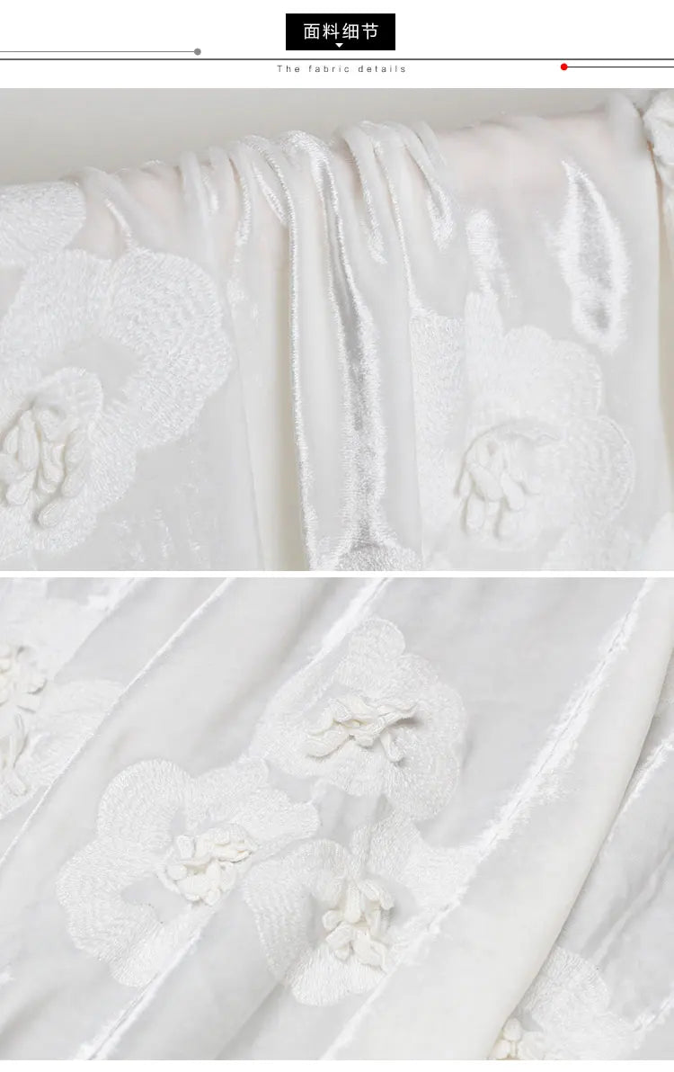 Pure White Silk Velvet 3D Jacquard Embroidery Spring Dress