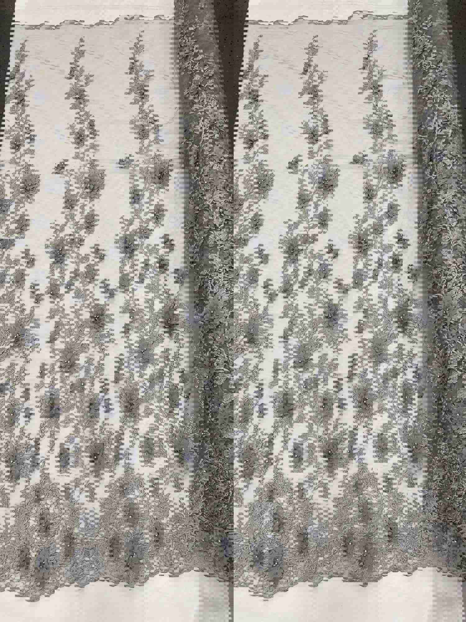 Silver Two Tone 3D Floral Design Embroidered and Beaded Lace with Pearls