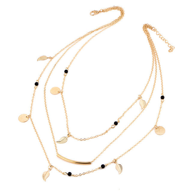 17KM Fashion Multi Layer Leaf Chain Necklaces for Women - Bohemian Blue Stone Choker Jewelry
