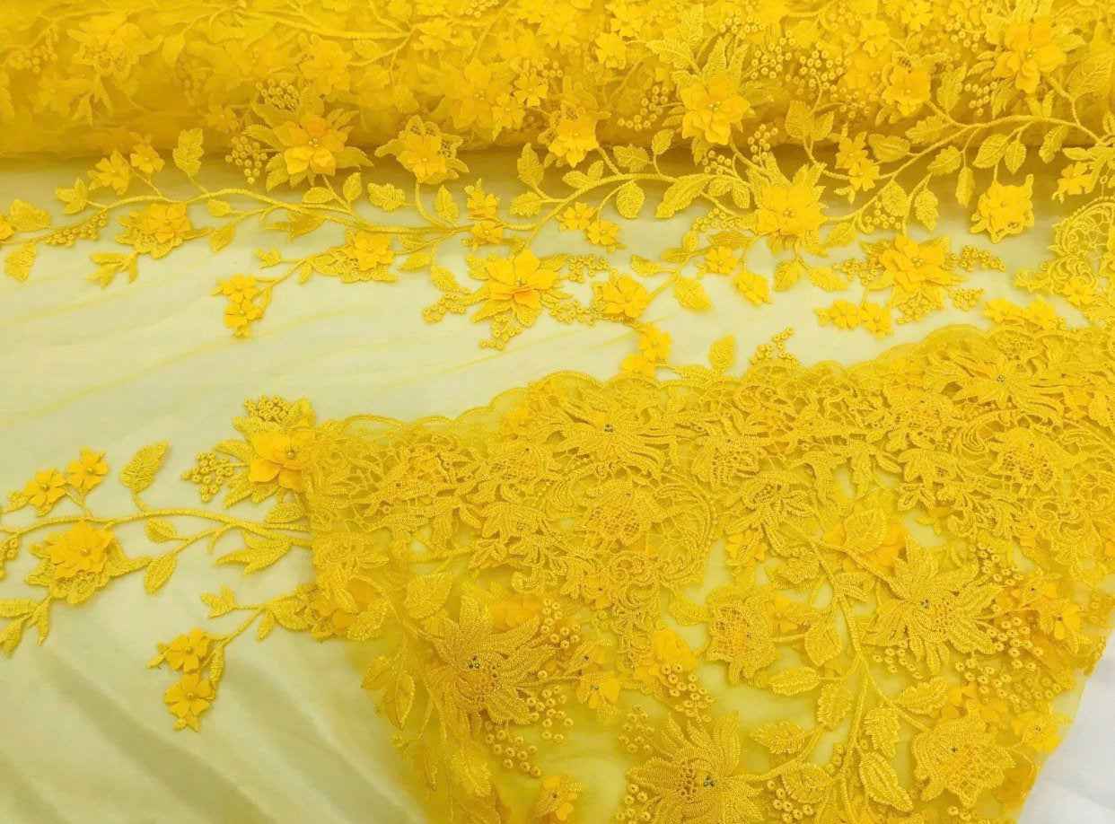 Yellow 3D Floral Embroidered Mesh Lace Fabric for Dresses and Decor