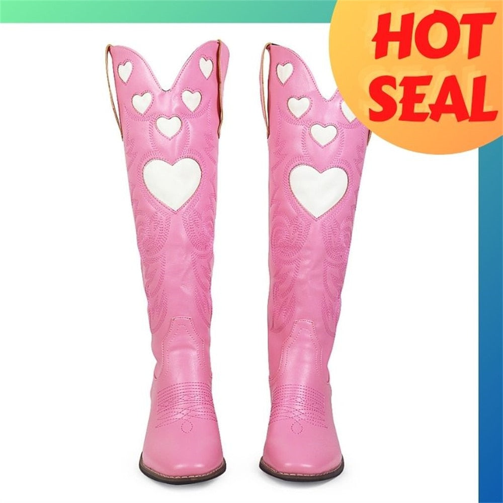 Pink Heart Shape Knee High Cowboy Boots For Women - Retro Western Style