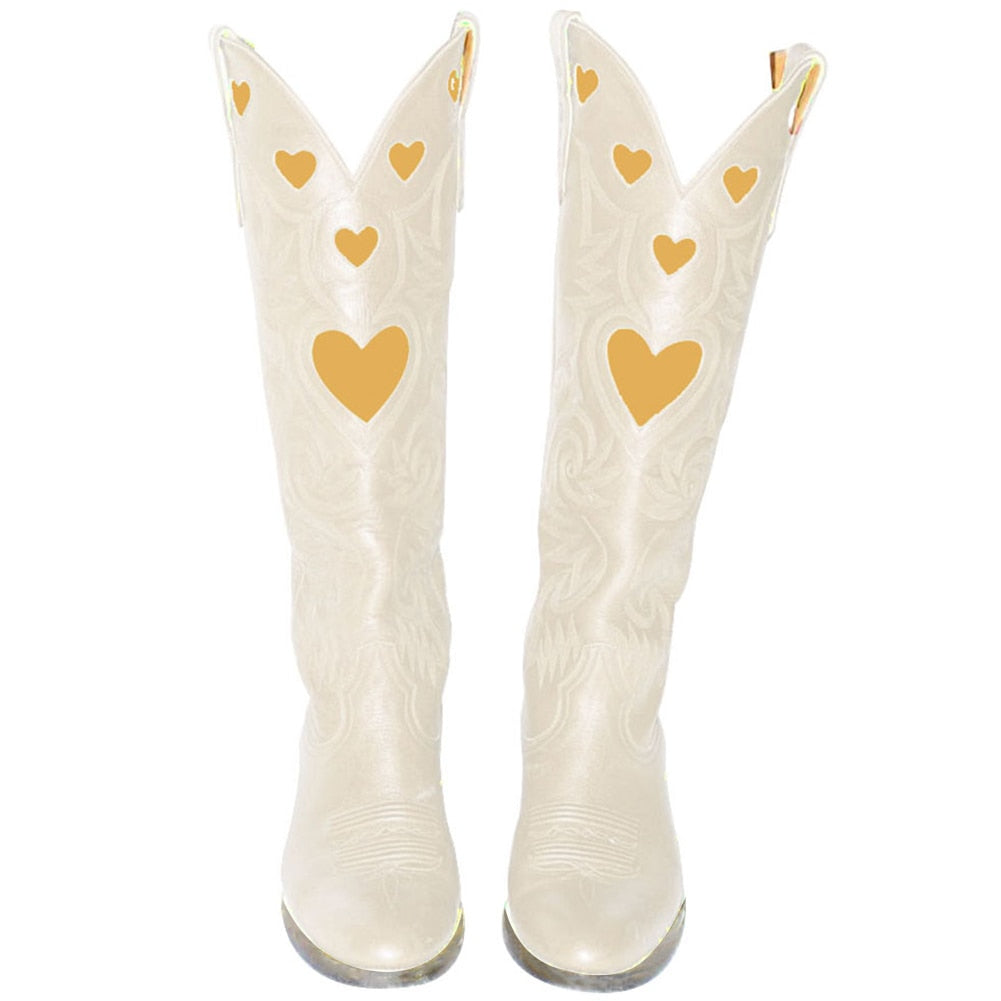 Pink Heart Shape Knee High Cowboy Boots For Women - Retro Western Style